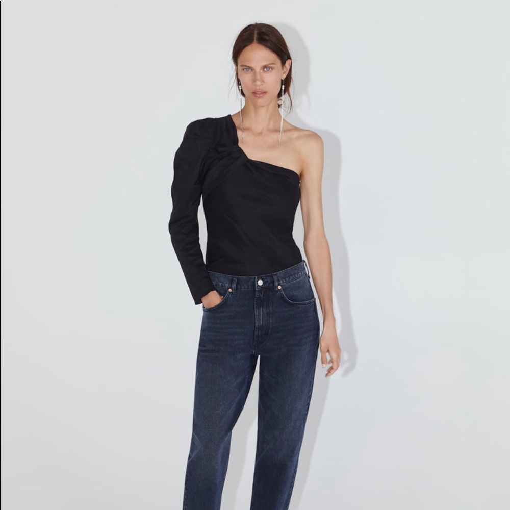 Zara Black Asymmetric One Shoulder Linen Blouse